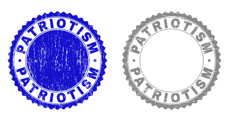 Grunge PATRIOTISM stamp seals isolated on a white background. Rosette seals with grunge texture in blue and gray colors. Vector rubber watermark of PATRIOTISM label inside round rosette.