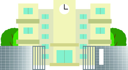 Modern Japanese public school building with School gates and trees 1.eps