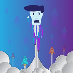 Flight a businessman persons in complete calm meditates.He plans his business concept, hard work leads to success working on flying arrows.