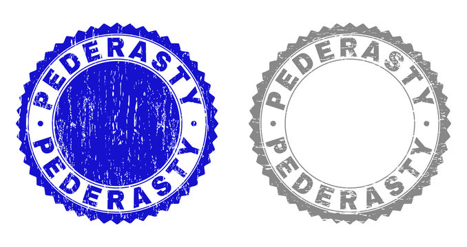 Grunge PEDERASTY stamp seals isolated on a white background. Rosette seals with distress texture in blue and gray colors. Vector rubber stamp imprint of PEDERASTY tag inside round rosette.