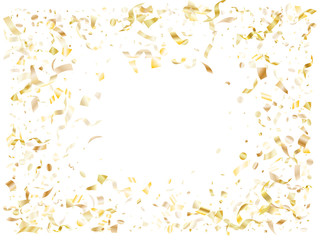 Holiday realistic gold confetti flying on black background.