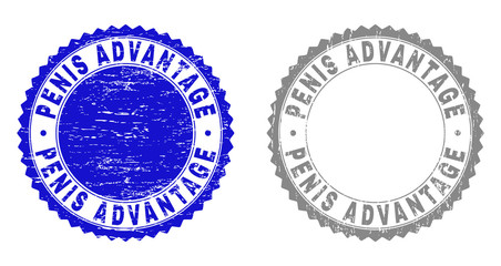 Grunge PENIS ADVANTAGE stamp seals isolated on a white background. Rosette seals with grunge texture in blue and gray colors.