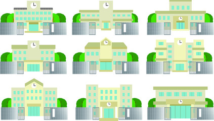 Modern Japanese public school building with School gates and trees set