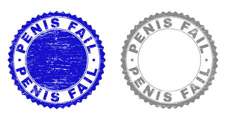 Grunge PENIS FAIL stamp seals isolated on a white background. Rosette seals with grunge texture in blue and gray colors. Vector rubber stamp imprint of PENIS FAIL tag inside round rosette.