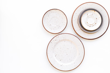 Mockup with plates. Empty ceramic plates on white background top view copy space