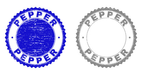 Obraz premium Grunge PEPPER stamp seals isolated on a white background. Rosette seals with distress texture in blue and grey colors. Vector rubber watermark of PEPPER label inside round rosette.