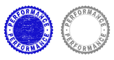 Obraz premium Grunge PERFORMANCE stamp seals isolated on a white background. Rosette seals with distress texture in blue and gray colors. Vector rubber stamp imprint of PERFORMANCE caption inside round rosette.