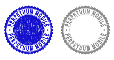 Grunge PERPETUUM MOBILE stamp seals isolated on a white background. Rosette seals with distress texture in blue and grey colors.