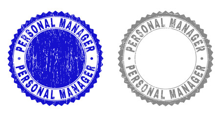 Grunge PERSONAL MANAGER stamp seals isolated on a white background. Rosette seals with distress texture in blue and grey colors.