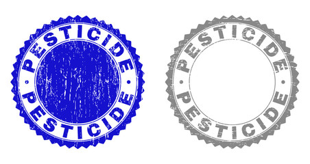 Grunge PESTICIDE stamp seals isolated on a white background. Rosette seals with grunge texture in blue and grey colors. Vector rubber stamp imprint of PESTICIDE caption inside round rosette.