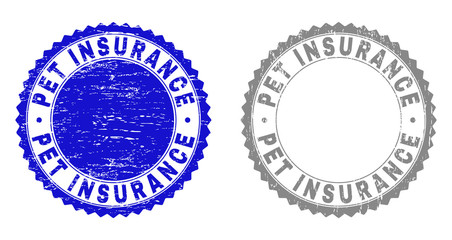 Grunge PET INSURANCE stamp seals isolated on a white background. Rosette seals with distress texture in blue and gray colors. Vector rubber stamp imprint of PET INSURANCE title inside round rosette.