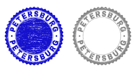 Grunge PETERSBURG stamp seals isolated on a white background. Rosette seals with grunge texture in blue and gray colors. Vector rubber overlay of PETERSBURG title inside round rosette.