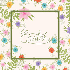 happy easter frame with handmade font and flowers