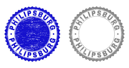 Obraz premium Grunge PHILIPSBURG stamp seals isolated on a white background. Rosette seals with distress texture in blue and gray colors. Vector rubber overlay of PHILIPSBURG title inside round rosette.