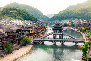 Aluminium Prints Dark gray Old bridge and town