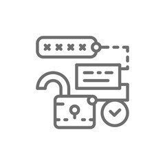 Fototapeta premium Open lock with pin code, password and unlock, cryptography line icon.