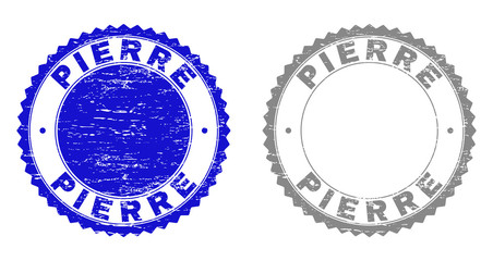 Grunge PIERRE stamp seals isolated on a white background. Rosette seals with grunge texture in blue and grey colors. Vector rubber watermark of PIERRE caption inside round rosette.