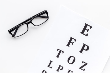 Eye examination. Eyesight test chart and glasses on white background top view