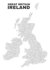Fototapeta premium Great Britain and Ireland map designed with tiny dots. Vector abstraction in black color is isolated on a white background. Scattered tiny dots are organized into Great Britain and Ireland map.