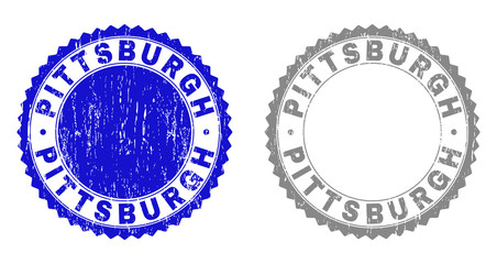 Obraz premium Grunge PITTSBURGH stamp seals isolated on a white background. Rosette seals with grunge texture in blue and grey colors. Vector rubber stamp imitation of PITTSBURGH title inside round rosette.
