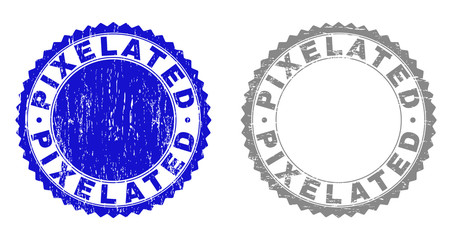 Grunge PIXELATED stamp seals isolated on a white background. Rosette seals with grunge texture in blue and gray colors. Vector rubber stamp imprint of PIXELATED caption inside round rosette.
