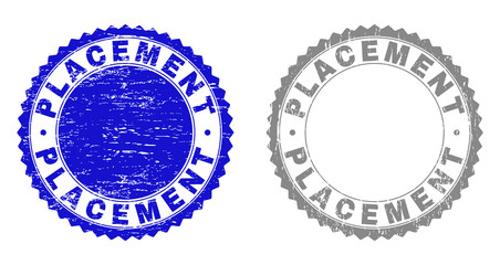 Grunge PLACEMENT stamp seals isolated on a white background. Rosette seals with grunge texture in blue and gray colors. Vector rubber overlay of PLACEMENT tag inside round rosette.
