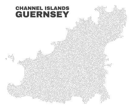 Guernsey Island map designed with tiny points. Vector abstraction in black color is isolated on a white background. Scattered tiny dots are organized into Guernsey Island map.