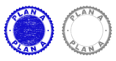 Grunge PLAN A stamp seals isolated on a white background. Rosette seals with distress texture in blue and grey colors. Vector rubber stamp imitation of PLAN A caption inside round rosette.