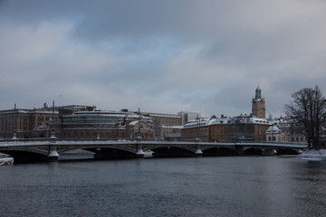 Winter view of government houses in Stockholm a gray and snowy  day