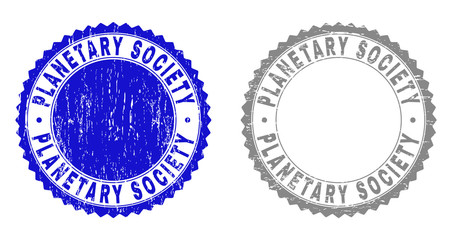 Grunge PLANETARY SOCIETY stamp seals isolated on a white background. Rosette seals with grunge texture in blue and gray colors.