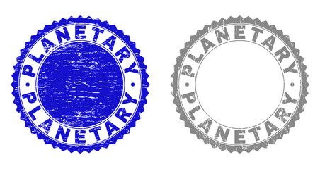 Grunge PLANETARY stamp seals isolated on a white background. Rosette seals with grunge texture in blue and grey colors. Vector rubber stamp imprint of PLANETARY text inside round rosette.