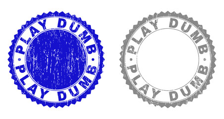 Grunge PLAY DUMB stamp seals isolated on a white background. Rosette seals with grunge texture in blue and gray colors. Vector rubber overlay of PLAY DUMB label inside round rosette.