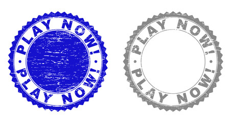 Grunge PLAY NOW! stamp seals isolated on a white background. Rosette seals with grunge texture in blue and grey colors. Vector rubber stamp imprint of PLAY NOW! caption inside round rosette.