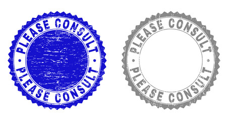Grunge PLEASE CONSULT stamp seals isolated on a white background. Rosette seals with grunge texture in blue and grey colors. Vector rubber stamp imprint of PLEASE CONSULT text inside round rosette.