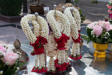 Bangkok Thailand, Phuang malai floral offerings at Wat Ratchabophit