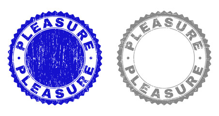 Grunge PLEASURE stamp seals isolated on a white background. Rosette seals with grunge texture in blue and grey colors. Vector rubber stamp imprint of PLEASURE title inside round rosette.