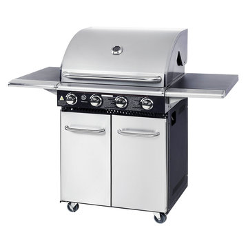 Stainless Steel BBQ Barbecue Gas Grill Isolated On White Background. BBQ Grillware Gas Grill. Outdoor Cooking Station. Outdoor Grill Table. Clipping Path