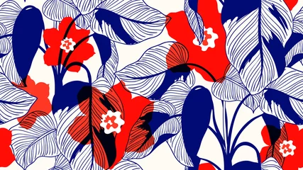 Gordijnen Tropical plants seamless pattern, Pink Princess philodendron and flowers on light brown background, line art ink drawing in blue and red tones © momosama