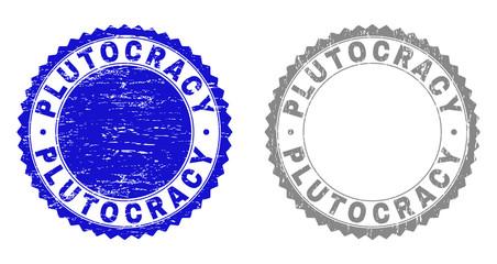 Grunge PLUTOCRACY stamp seals isolated on a white background. Rosette seals with distress texture in blue and gray colors. Vector rubber stamp imprint of PLUTOCRACY text inside round rosette.