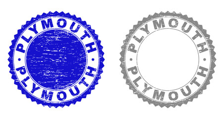 Grunge PLYMOUTH stamp seals isolated on a white background. Rosette seals with grunge texture in blue and gray colors. Vector rubber watermark of PLYMOUTH title inside round rosette.
