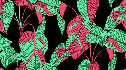 Muurstickers Tropical plants seamless pattern, Pink Princess philodendron on black background © momosama