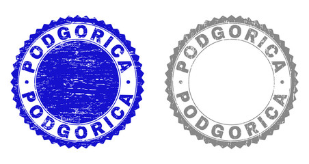 Grunge PODGORICA stamp seals isolated on a white background. Rosette seals with grunge texture in blue and grey colors. Vector rubber stamp imitation of PODGORICA text inside round rosette.