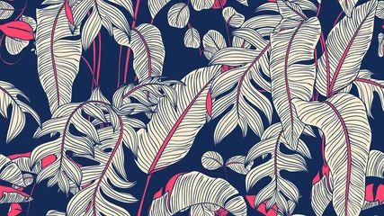 Fotobehang Naadloze patroon van tropische planten, paradijsvogel, Selenicereus chrysocardium en Hoya obovata op blauwe achtergrond, blauwe en roze tinten © momosama