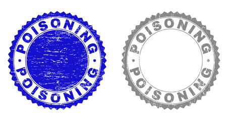 Obraz premium Grunge POISONING stamp seals isolated on a white background. Rosette seals with grunge texture in blue and grey colors. Vector rubber watermark of POISONING caption inside round rosette.