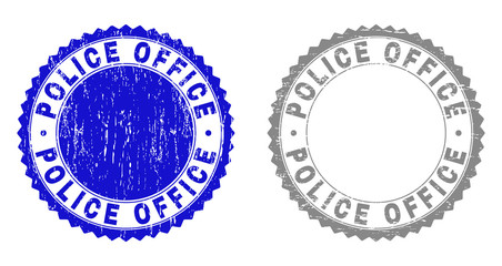 Grunge POLICE OFFICE stamp seals isolated on a white background. Rosette seals with grunge texture in blue and grey colors. Vector rubber stamp imitation of POLICE OFFICE label inside round rosette.