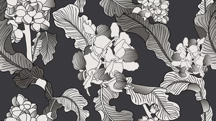 Fototapeten Tropical plants seamless pattern, Asplenium Nidus and flowers on dark grey background, line art ink drawing in grey tone © momosama
