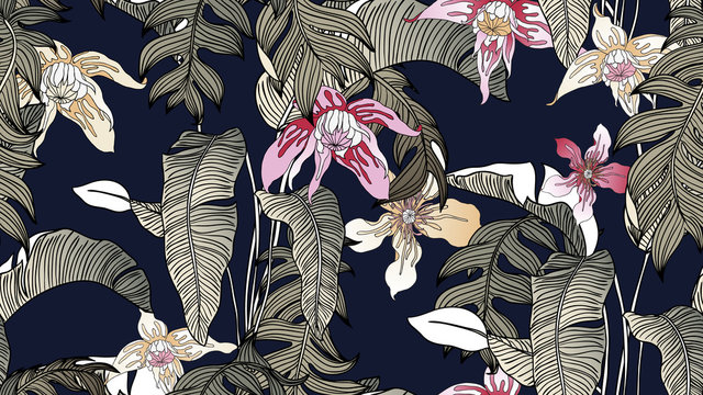 Tropical plants seamless pattern, Bird of paradise, Selenicereus chrysocardium and Clematis alpina flowers on dark blue background, line art ink drawing in dark tone