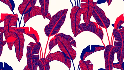 Gardinen Tropical plants seamless pattern, Bird of paradise on light brown background, line art ink drawing in red and blue tones © momosama