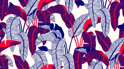 Foto op Canvas Tropical plants seamless pattern, Bird of paradise on light brown background, line art ink drawing in blue and red tones © momosama