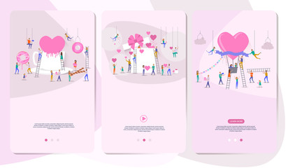 Mobile App Page with hearts and small people around them. Editable vector illustration